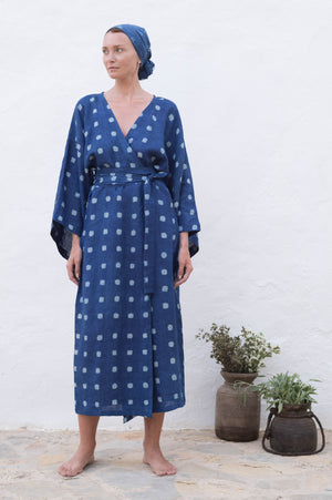 Indigo Mud-Print Linen Yin Kimono