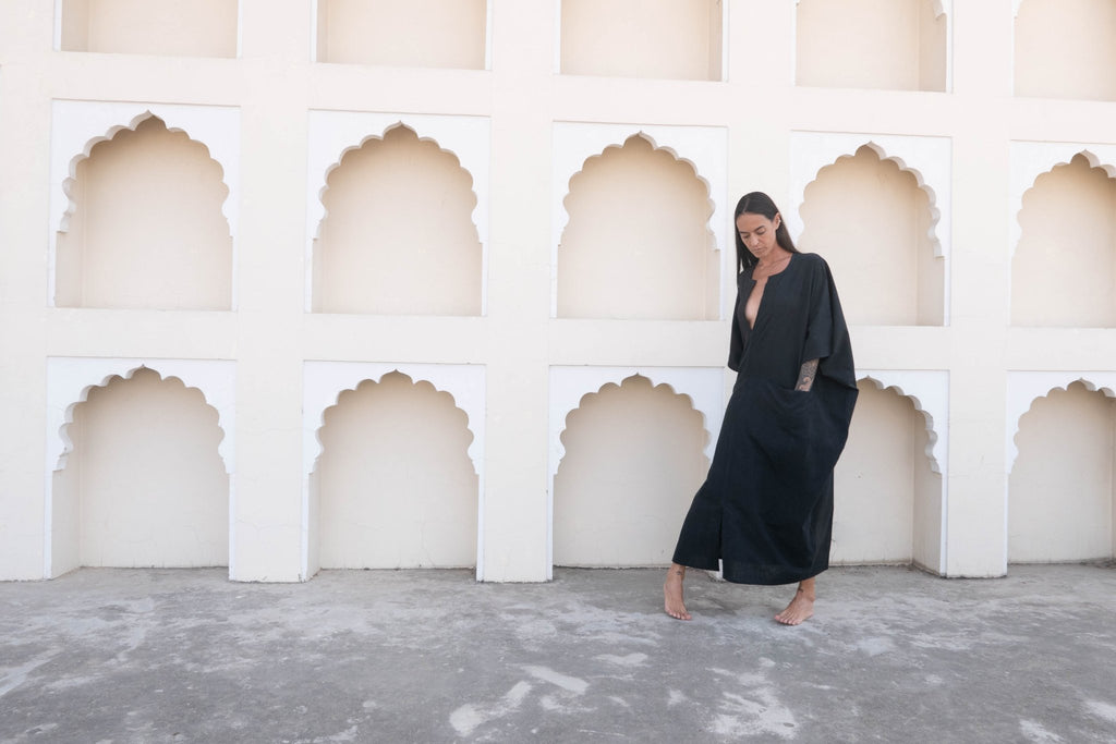 Black Organic Hand - Woven Khadi Sanctuary Kaftan - YEVA WORLD