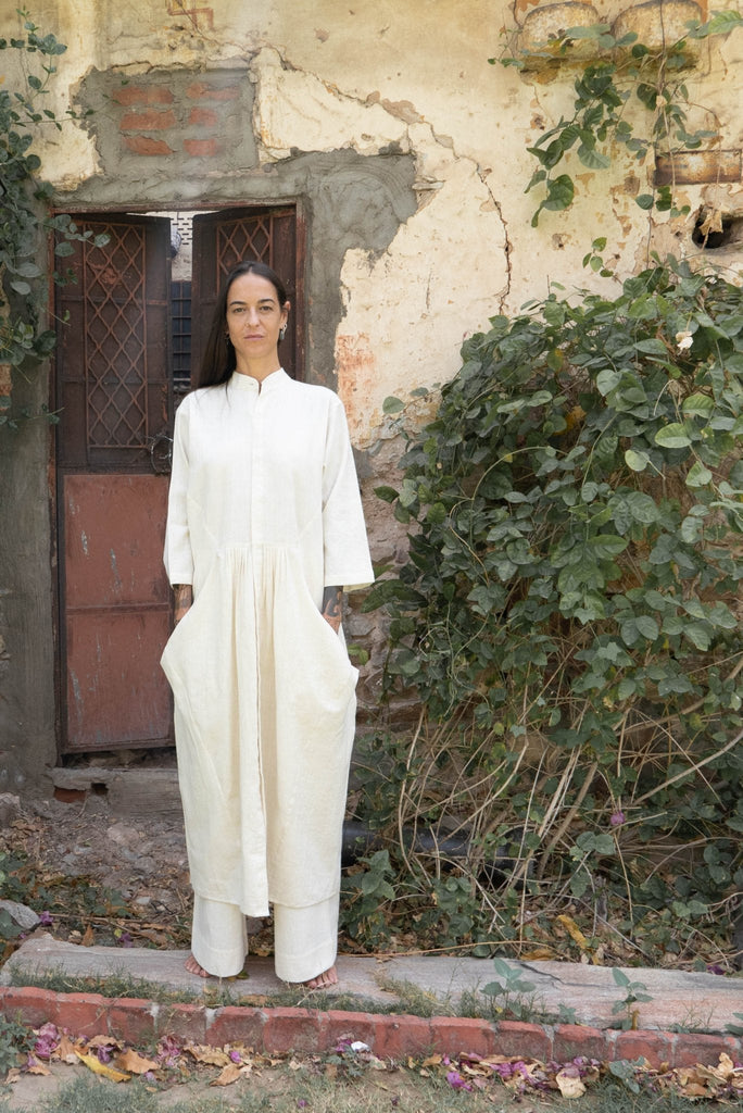 Custom Made Hand - Woven Khadi Mandarin Dress - YEVA WORLD