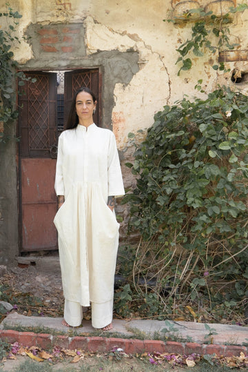Custom Made Hand - Woven Khadi Mandarin Dress - YEVA WORLD