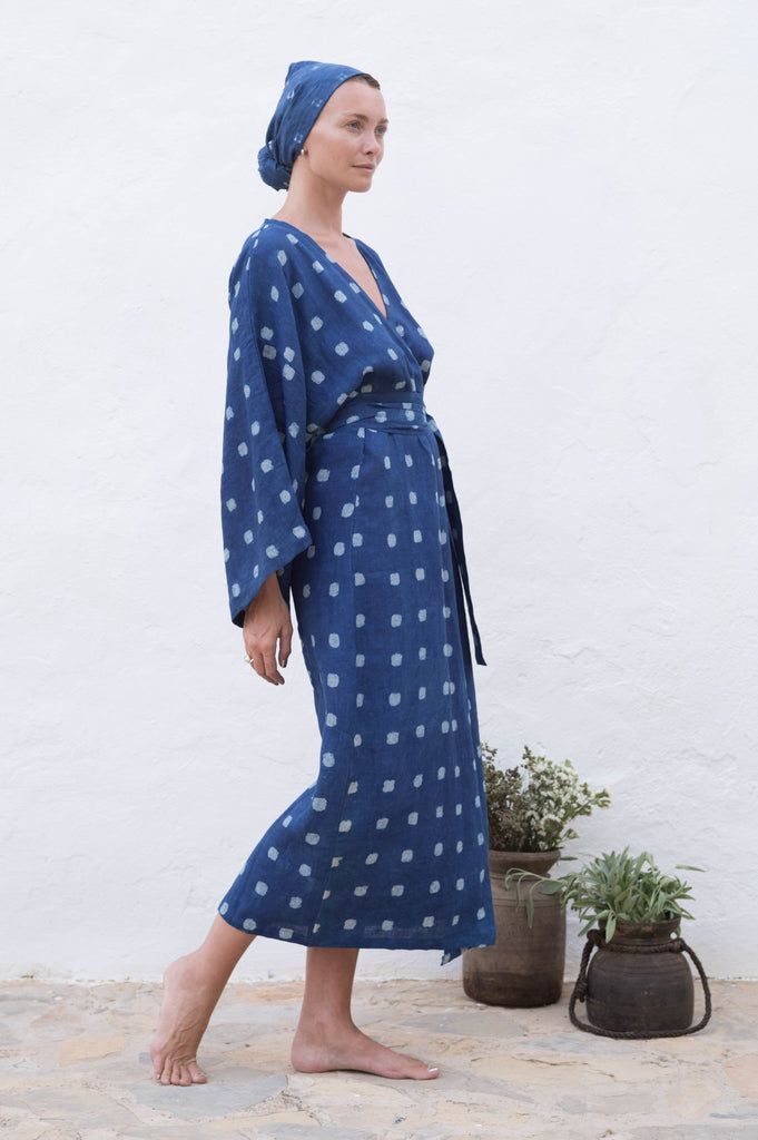 Indigo Mud - Print Linen Yin Kimono - YEVA WORLD