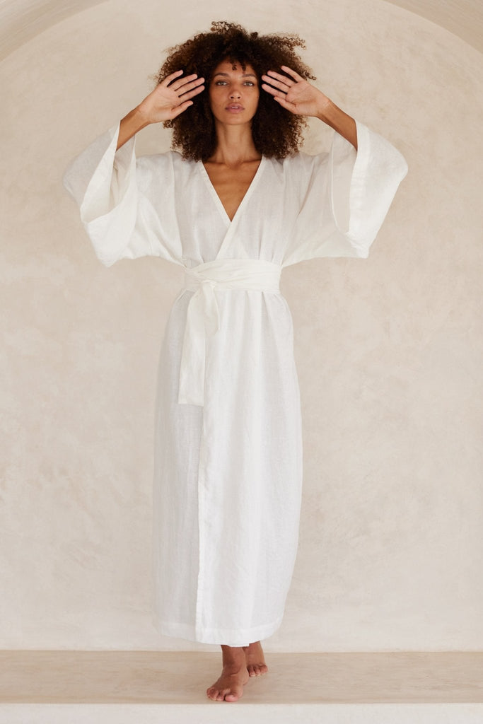 White Yin Organic Linen Kimono - YEVA 
